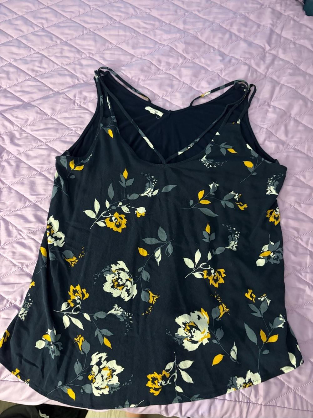 Maurices Black Floral V-Neck Tank with Yellow & Gray Blooms
